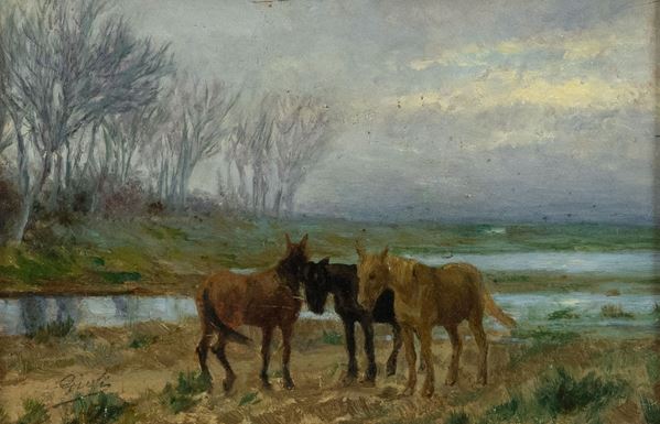Luigi Gioli : Cavalli alla foce dell&#39;Arno  (1886/1887)  - Olio su tavola - Asta Asta 86 di Arte Moderna e Contemporanea - Fabiani Arte
