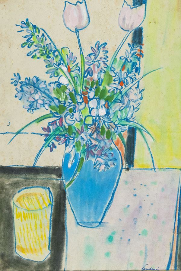 Enrico Paulucci : Vaso di fiori  - Tecnica mista su cartone - Asta Asta 86 di Arte Moderna e Contemporanea - Fabiani Arte