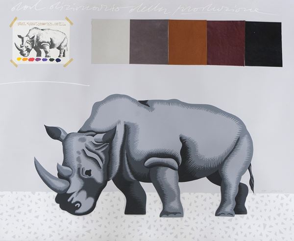 Concetto Pozzati : Rinoceronte  - Serigrafia polimaterica con applicazione su cartoncino - Asta Asta di Arte Moderna e Contemporanea - dipinti, disegni e multipli - Fabiani Arte