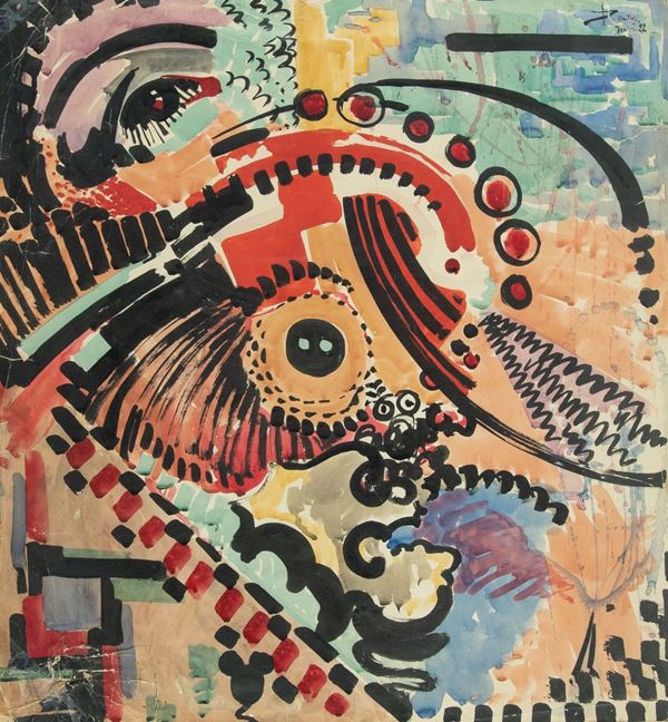 Josef Peeters : Composizione futurista astratta - Moto di volto stilizzato con occhi  (1922)  - Tecnica mista su carta - Asta Arte Moderna e Contemporanea, '800 e'900 - Fabiani Arte