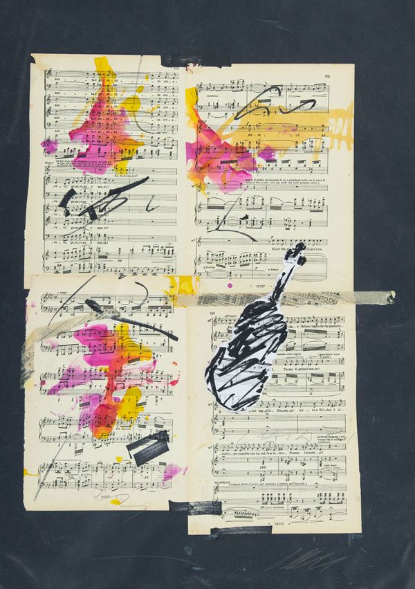 Giuseppe Chiari : Spartiti  (2001)  - Tecnica mista su spartiti musicali applicati su cartoncino - Asta Arte Moderna e Contemporanea, '800 e'900 - Fabiani Arte