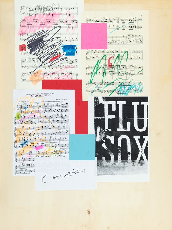 Giuseppe Chiari : Fluxus  (1997)  - Tecnica mista e collage su spartiti musicali applicati su tavola - Asta Arte Moderna e Contemporanea, '800 e'900 - Fabiani Arte