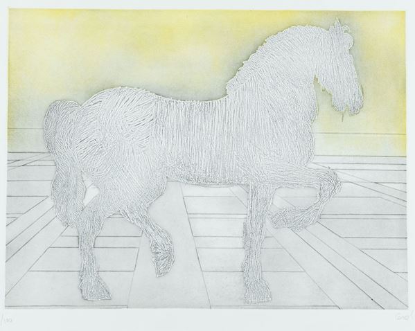 Mario Ceroli : Cavallo  - Acquaforte a colori di cm. 48x63 - Asta Arte Moderna e Contemporanea, '800 e'900 - Fabiani Arte
