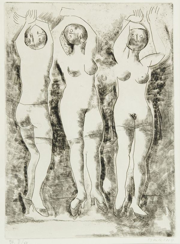 Marino Marini : Tre danze  (1968)  - Incisione ad acquaforte e puntasecca di cm. 48x35 - Asta Arte Moderna e Contemporanea, '800 e'900 - Fabiani Arte