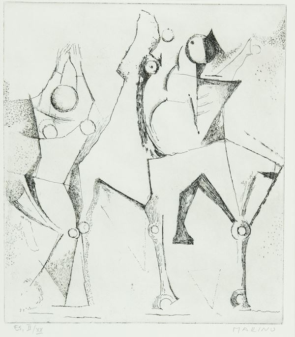 Marino Marini : Trio felice  (1970)  - Incisione ad acquaforte e puntasecca di cm. 39,5x34,5 - Asta Arte Moderna e Contemporanea, '800 e'900 - Fabiani Arte