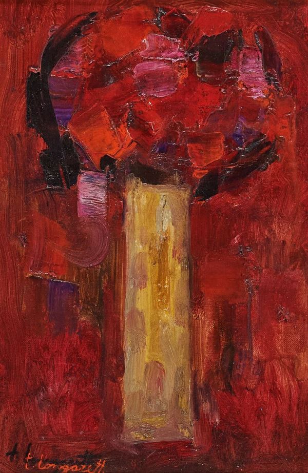 Trento Longaretti : Vasetto con fiori rossi  - Olio su tela - Asta  Arte Moderna e Contemporanea,  '800  e  '900 - Fabiani Arte