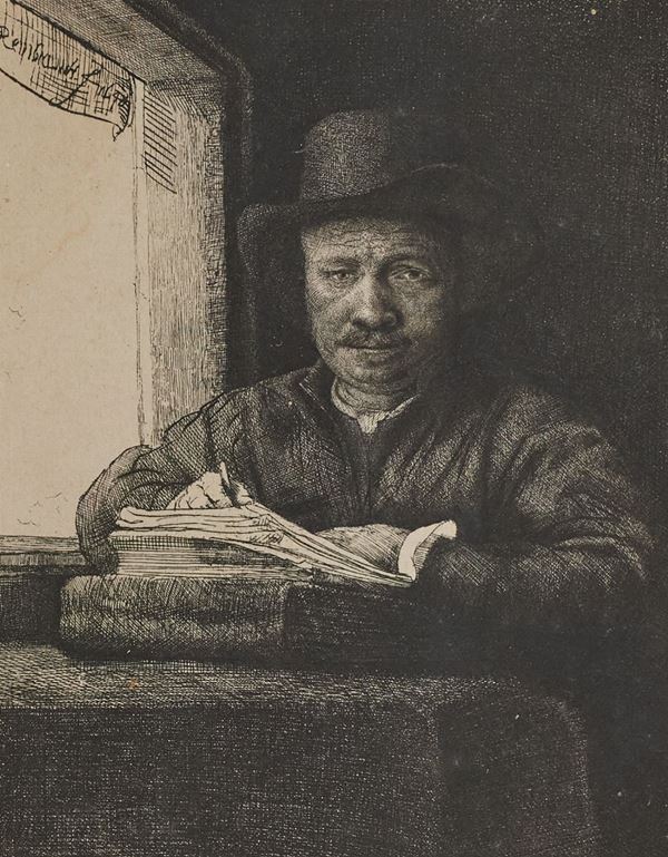 Van Rijn Rembrandt : Self-portrait drawing at a window  - Acquaforte di cm. 16x13 - Asta  Arte Moderna e Contemporanea,  '800  e  '900 - Fabiani Arte