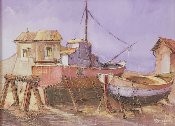 Antonio Di Viccaro : Marina con barche  (1971)  - Olio su tela - Asta  Arte Moderna e Contemporanea,  '800  e  '900 - Fabiani Arte
