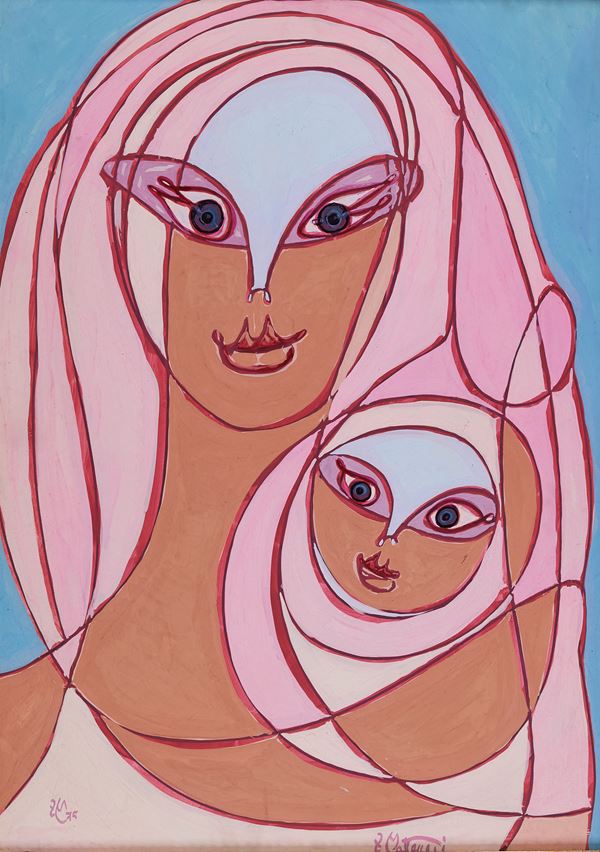 Francesco  Matteucci : Donna con bambino  (1975)  - Tempera su faesite - Asta  Arte Moderna e Contemporanea,  '800  e  '900 - Fabiani Arte