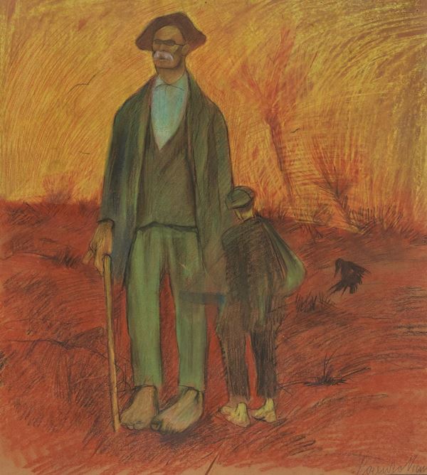 Lorenzo Viani : Cieco con bimbo  (1907-1908)  - Pastello su cartone - Asta  Arte Moderna e Contemporanea,  '800  e  '900 - Fabiani Arte