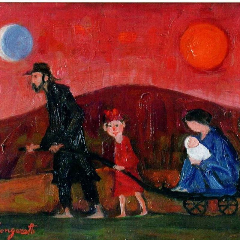 Viandante con madre sul carrettino