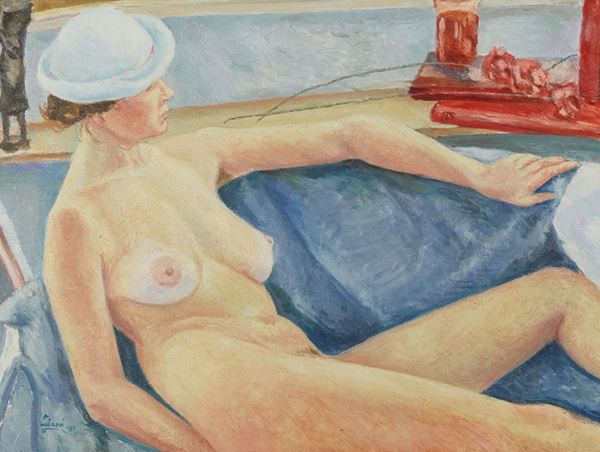 Giampaolo Talani : Nudo con cappello bianco  (1981)  - Olio su tela - Asta Arte Moderna e Contemporanea, '800 - '900 e Grafica Internazionale - Fabiani Arte