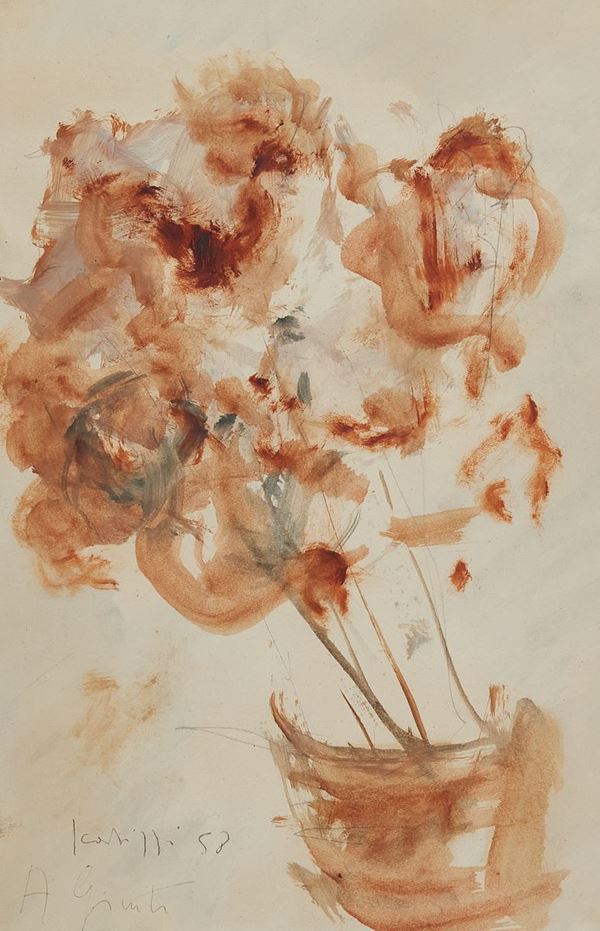 Sergio Scatizzi : Vaso di fiori  (1958)  - Acquerello su carta applicata su tavola - Asta Arte Moderna e Contemporanea, '800 - '900 e Grafica Internazionale - Fabiani Arte