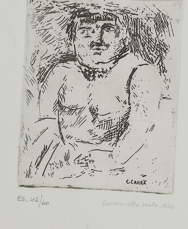 Carlo Carr&#224; : Donna alla scala  (1922)  - Acquaforte di cm. 17x14 - Asta Arte Moderna e Contemporanea - Fabiani Arte