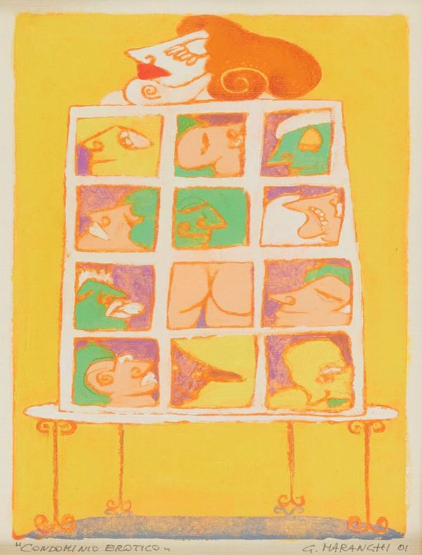 Giovanni Maranghi : Condominio erotico  (2001)  - Tecnica mista su cartoncino - Asta Arte Moderna e Contemporanea, '800 e'900 - Fabiani Arte