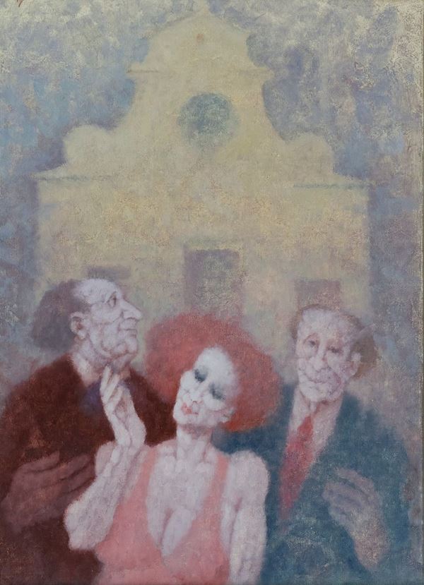 Remo Squillantini : Figure davanti alla chiesa  - Olio su tela - Asta Arte Moderna e Contemporanea, '800 e'900 - Fabiani Arte