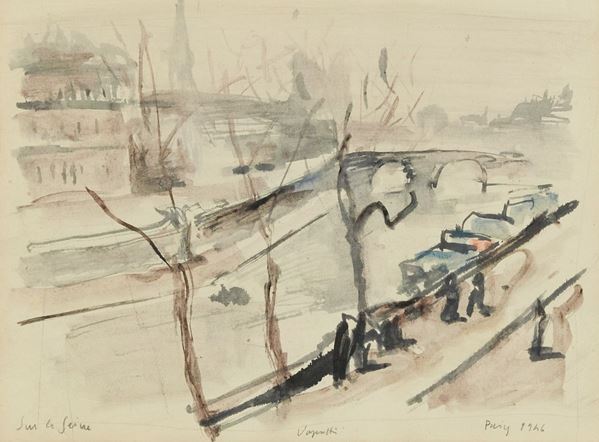 Gianni Vagnetti : Sur la Seine  (1946)  - Acquerello su carta - Asta Arte Moderna e Contemporanea, '800 e'900 - Fabiani Arte