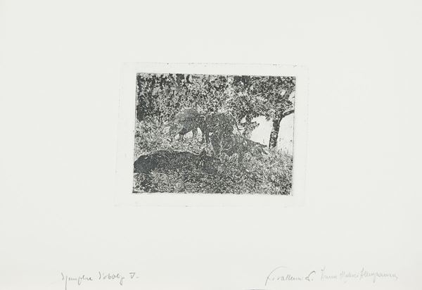 Giovanni Fattori : Gruppo di maiali II°  (1970)  - Acquaforte di cm. 16,4x22,2 - Asta Asta di Arte Moderna e Contemporanea '800 e '900	 - Fabiani Arte