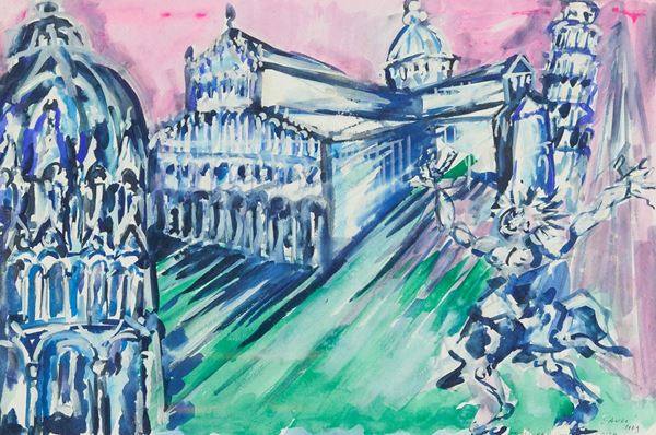 Piero Gauli : Studio per omaggio a Pisa  (1979)  - Acquerello su carta - Asta Arte Moderna e Contemporanea, '800 e'900 - Fabiani Arte