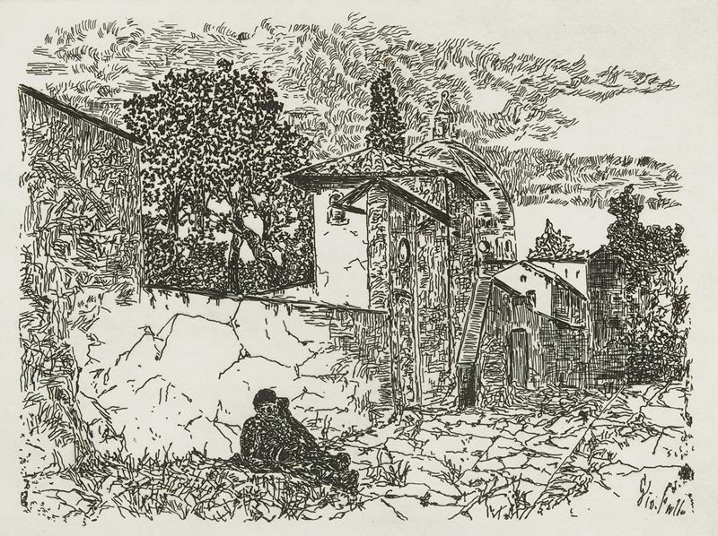 Giovanni Fattori - Scorcio di Paese con Figura