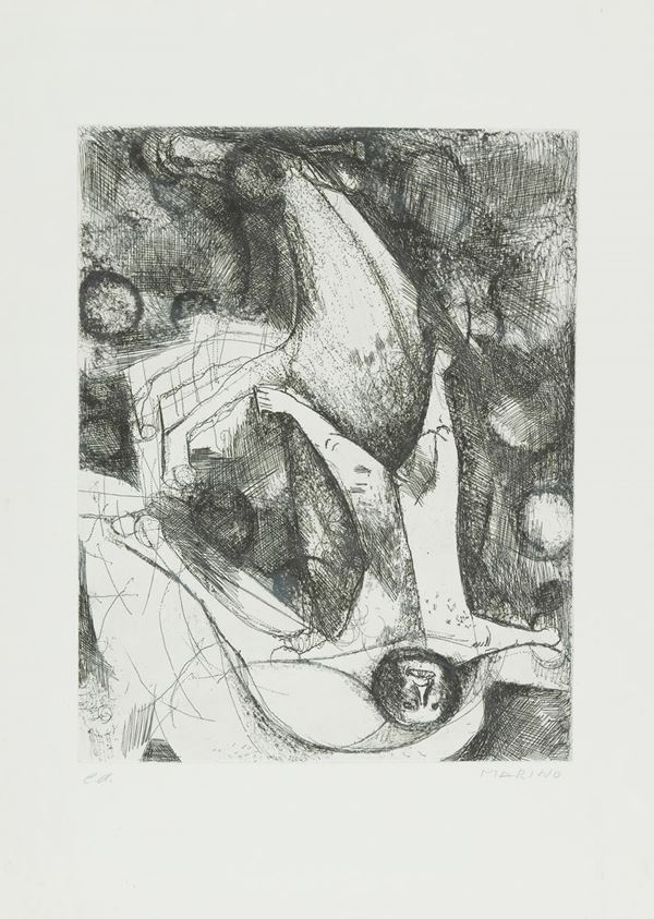 Marino Marini : La caduta dell&#39;angelo  (1961)  - Acquaforte di cm. 41x32 - Asta Arte Moderna e Contemporanea, '800 e'900 - Fabiani Arte