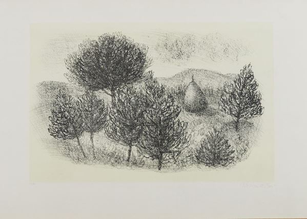 Christiaan Nicholaas De Moore : Paesaggio con alberi e pagliaio  - Litografia su carta - Asta Arte Moderna e Contemporanea, '800 e'900	 - Fabiani Arte