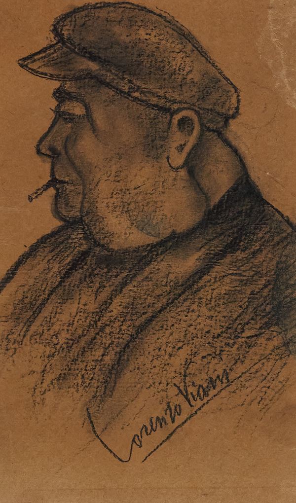 Lorenzo Viani : Ritratto  (1930 c.a)  - Carboncino su carta applicato su cartone - Asta Arte Moderna e Contemporanea, '800 e'900	 - Fabiani Arte