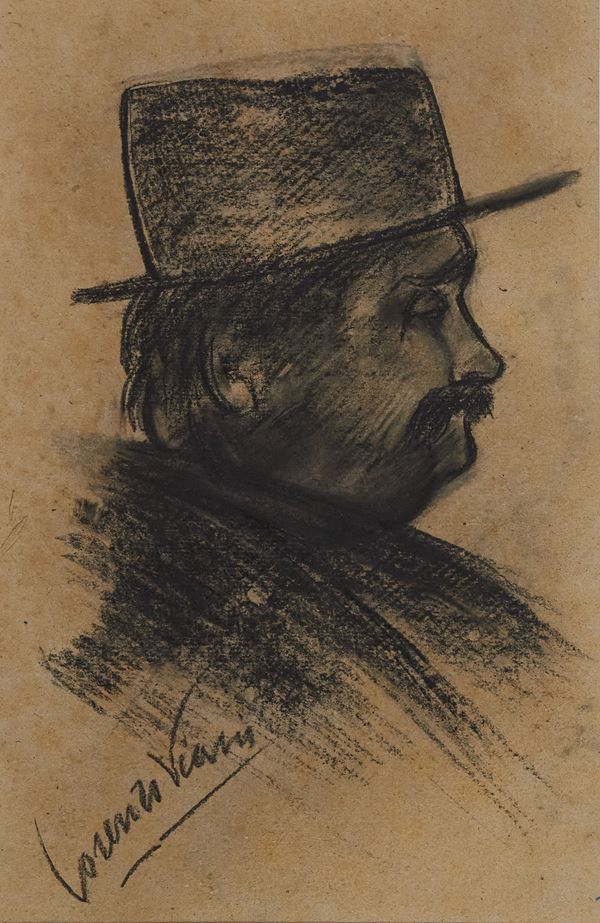 Lorenzo Viani : Uomo con cappello  (1919 c.a)  - Carboncino su cartone - Asta Arte Moderna e Contemporanea, '800 e'900	 - Fabiani Arte