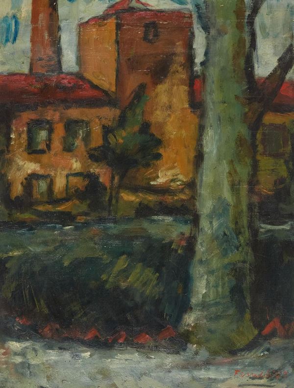 Fernando Farulli : Case con ciminiera ed alberi  (1947)  - Olio su tavola - Asta Arte Moderna e Contemporanea, '800 e'900	 - Fabiani Arte