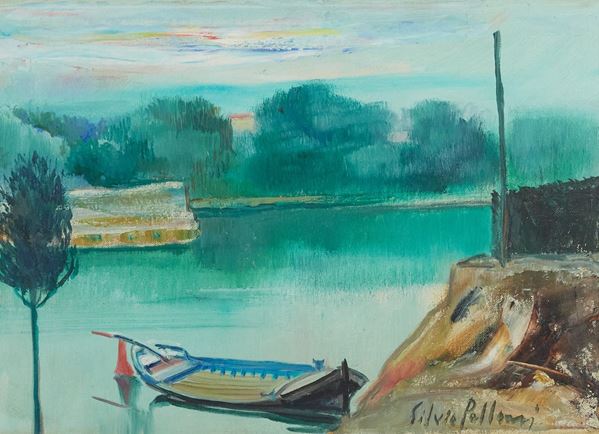 Silvio Polloni : Paesaggio con barca  - Olio su tela - Asta Arte Moderna e Contemporanea, '800 e'900	 - Fabiani Arte