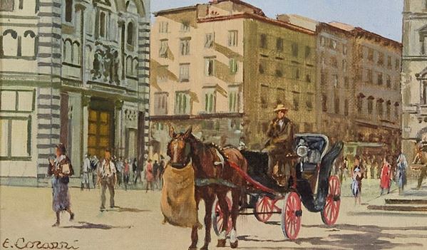 Enrico Corazzi : Carrozza in piazza San Giovanni  - Olio su cartone telato - Asta Arte Moderna e Contemporanea, '800 e'900	 - Fabiani Arte