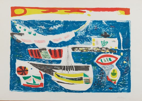 Enrico Paulucci : Porticciolo  - Litografia a colori su carta - Asta Arte Moderna e Contemporanea, '800 e'900	 - Fabiani Arte