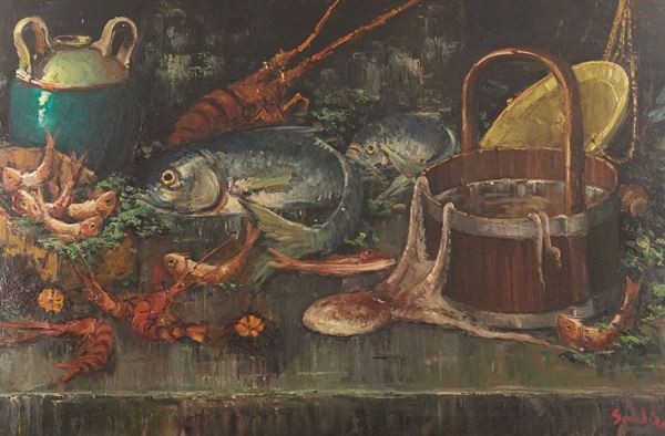 Ernesto Scudiero : Natura morta con pesci  - Olio su tela - Asta Arte Moderna e Contemporanea, '800 e'900	 - Fabiani Arte