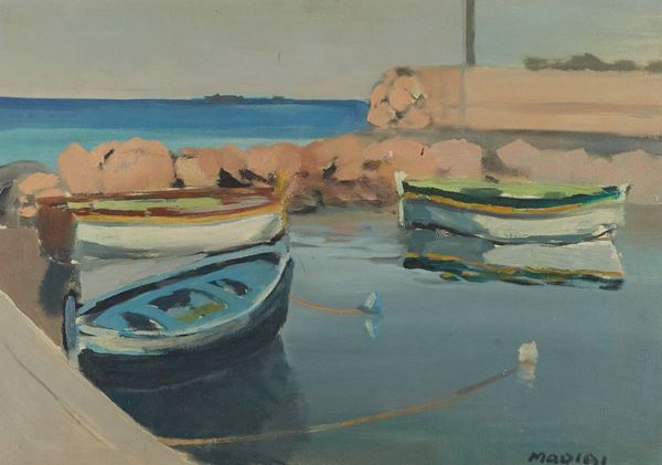 Mario Madiai : Barche ormeggiate  - Olio su tela - Asta Arte Moderna e Contemporanea, '800 e'900	 - Fabiani Arte