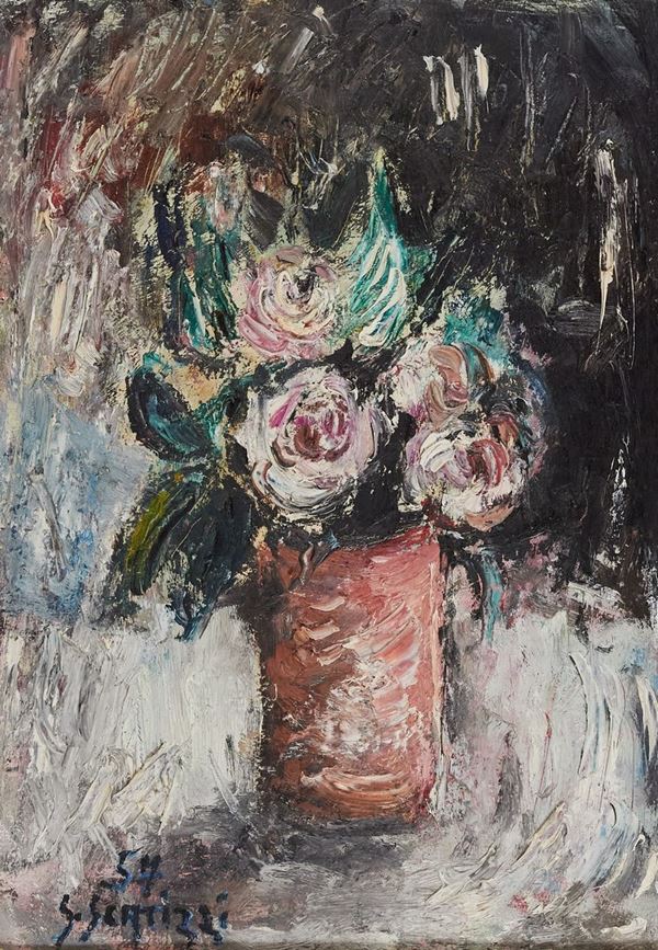 Sergio Scatizzi : Le rose  (1957)  - Olio su tela applicata su cartone - Asta Arte Moderna e Contemporanea, '800 e'900	 - Fabiani Arte