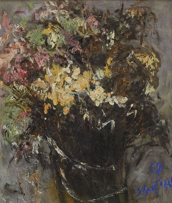 Sergio Scatizzi : Vaso di fiori  (1957)  - Olio su faesite - Asta Arte Moderna e Contemporanea, '800 e'900	 - Fabiani Arte