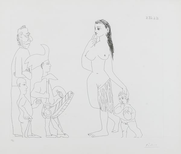 Pablo Picasso : Senza titolo  (1968)  - Acquaforte di cm. 41,5x49,5, su carta di cm. 54x62 - Asta Arte Moderna e Contemporanea - inizio Asta ore 15,30 - Fabiani Arte