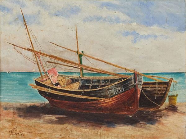 Costa Angelo (Attribuito) : Barche in secca  - Olio su cartone - Asta Arte Moderna e Contemporanea, '800 e'900	 - Fabiani Arte