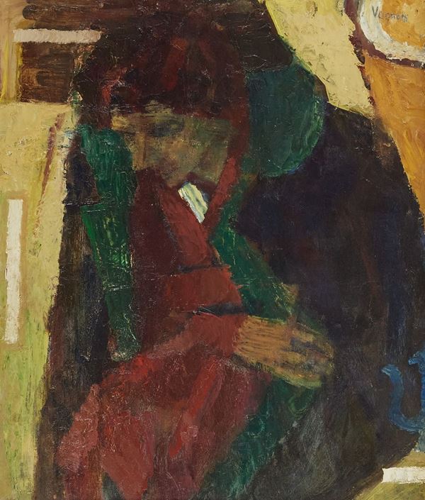 Gianni Vagnetti : Pensierosa (in verde)  (1954 c.a.)  - Olio su tavola - Asta Asta di Arte Moderna e Contemporanea '800 e '900	 - Fabiani Arte