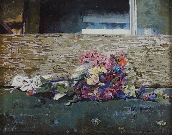 Giuseppe Banchieri : Fiori secchi nello studio  (1986)  - Olio su tavola - Asta Arte Moderna e Contemporanea, '800 e'900	 - Fabiani Arte