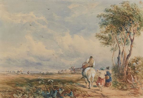 David  Cox : Strada di campagna con contadini  (1853)  - Acquerello su cartoncino - Asta Arte Moderna e Contemporanea, '800 e'900	 - Fabiani Arte