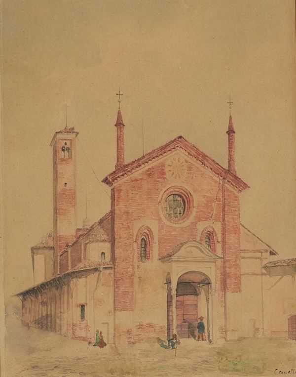 Anonimo (Scuola Lombarda seconda meta del XIX secolo) - Veduta della chiesa di Santa Maria della Pace a Milano