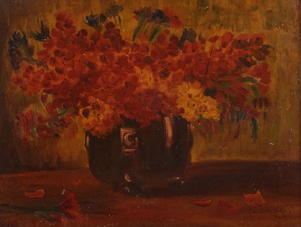 Pietro Gaudenzi : Vaso di fiori  (1914)  - Olio su tela applicata su tavola - Asta Arte Moderna e Contemporanea, '800 e'900	 - Fabiani Arte