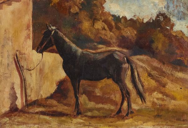 Carlini Spartaco (Attribuito) : Cavallo al sole  - Olio su tavola - Asta Arte Moderna e Contemporanea, '800 e'900	 - Fabiani Arte