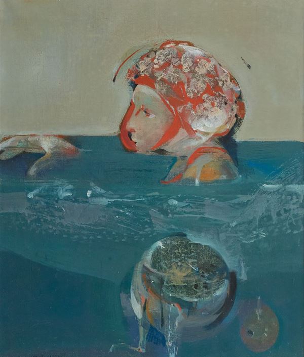 Giuseppe Martinelli : Ragazza con la cuffia e la medusa  (1973)  - Olio su tela - Asta Arte Moderna e Contemporanea, '800 e'900	 - Fabiani Arte