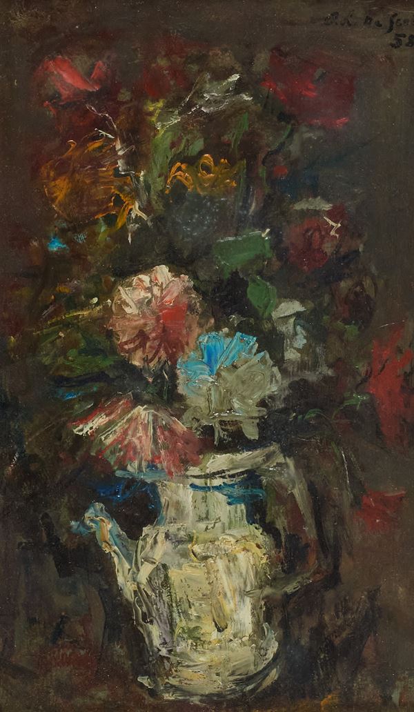 Osman Lorenzo De Scolari : Vaso di fiori  (1958)  - Olio su tavola - Asta Arte Moderna e Contemporanea, '800 e'900	 - Fabiani Arte
