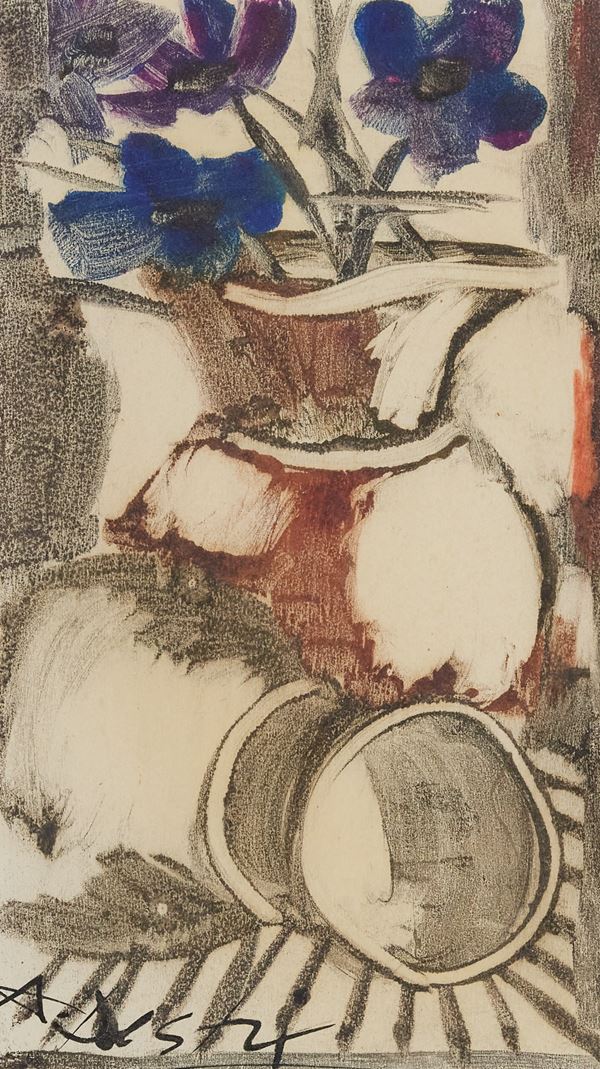 Angelo Destri : Natura morta con vaso di fiori  - Tecnica mista su cartone - Asta Arte Moderna e Contemporanea, '800 e'900	 - Fabiani Arte