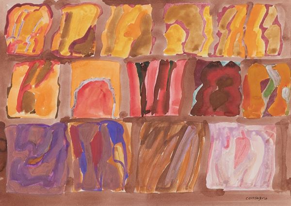 Pietro Consagra : Fondo grigio (Quindici immagini)  (1985 c.a)  - Tempera su carta - Asta Arte Moderna e Contemporanea, '800 e'900	 - Fabiani Arte