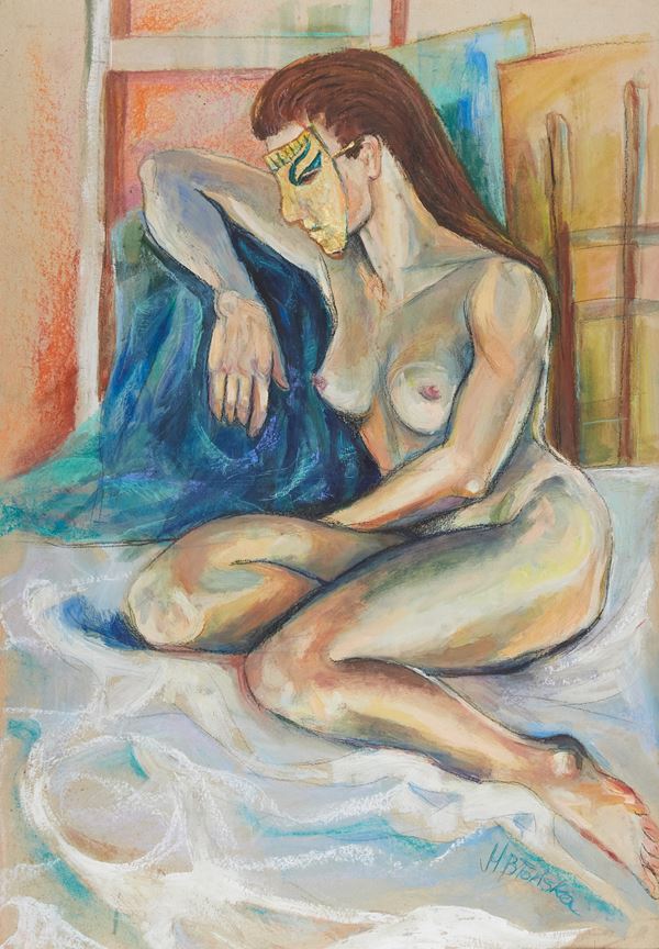 Malgorzata Blonska (Margherita) : Nudo in maschera  (2000)  - Tecnica mista, olio e collage su cartone - Asta Arte Moderna e Contemporanea, '800 e'900	 - Fabiani Arte