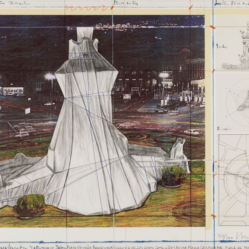 Christo - Wrapped Fountain, Project For la Fontana De Jujol, Plaza De Espana, Barcelona
